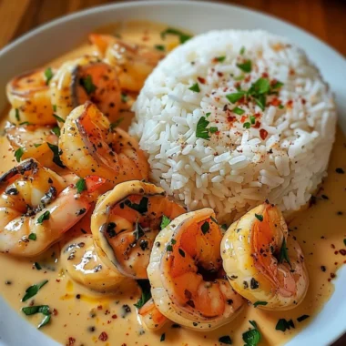 Delicious easy creamy garlic shrimp served in a bowl with herbs