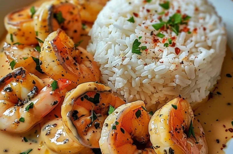 Delicious easy creamy garlic shrimp served in a bowl with herbs