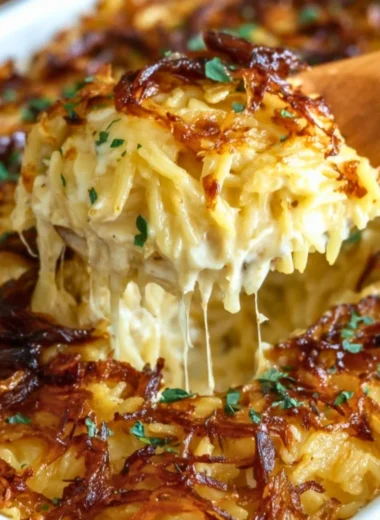 Baked French Onion Chicken Orzo Casserole topped with melted cheese and crispy onions