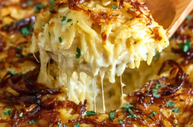 Baked French Onion Chicken Orzo Casserole topped with melted cheese and crispy onions