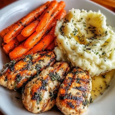 Dish of Garlic Herb Chicken served with creamy mashed potatoes and glazed carrots