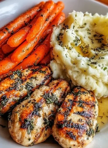 Dish of Garlic Herb Chicken served with creamy mashed potatoes and glazed carrots