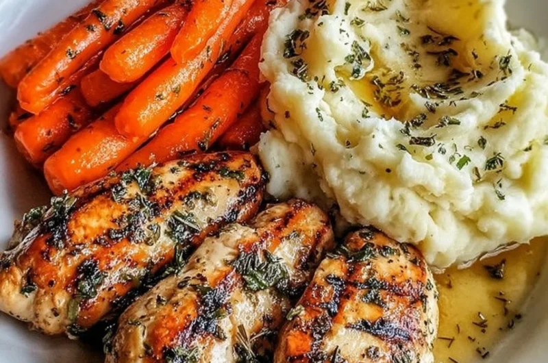 Dish of Garlic Herb Chicken served with creamy mashed potatoes and glazed carrots
