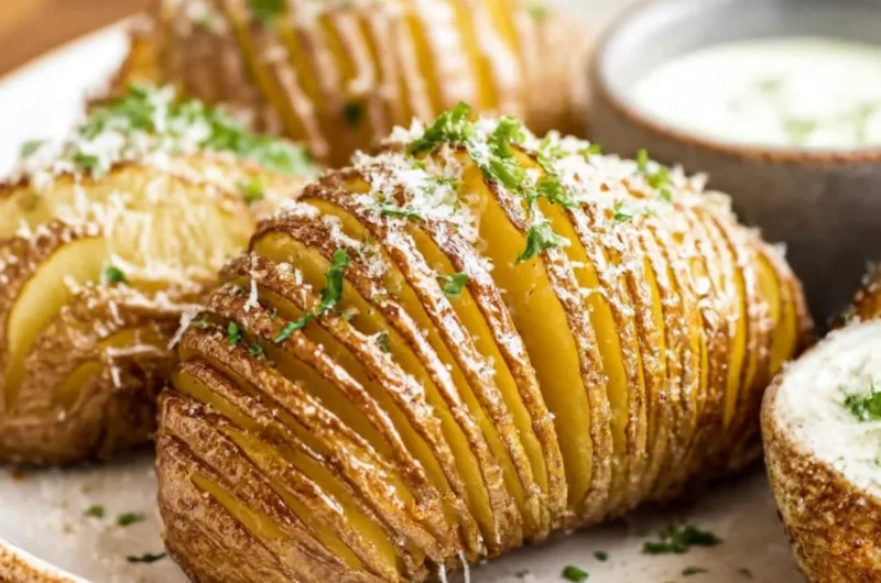 Crispy Hasselback Potatoes topped with herbs and spices