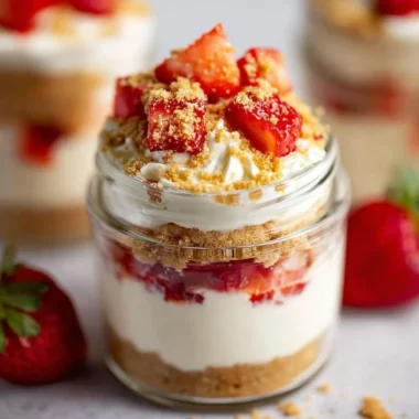 High protein cheesecake jars topped with fresh berries and granola
