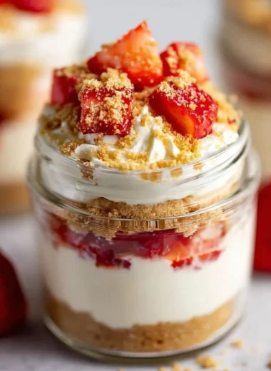 High protein cheesecake jars topped with fresh berries and granola