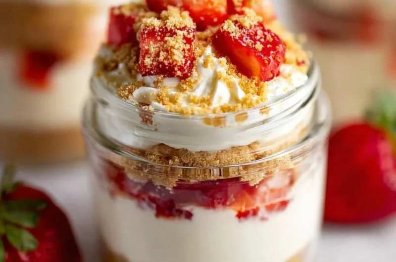 High protein cheesecake jars topped with fresh berries and granola