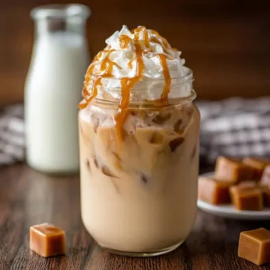 Refreshing iced caramel latte with creamy texture and caramel drizzle