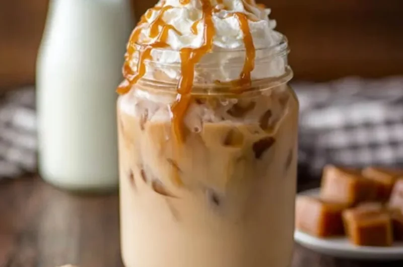 Refreshing iced caramel latte with creamy texture and caramel drizzle