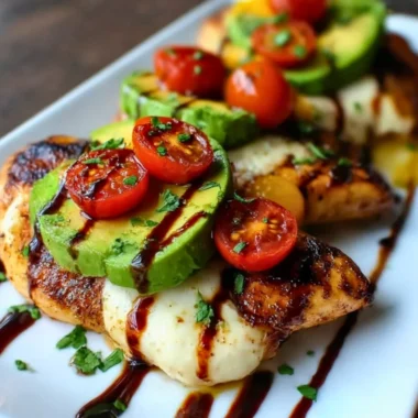 Juicy grilled avocado chicken on a plate garnished with fresh herbs