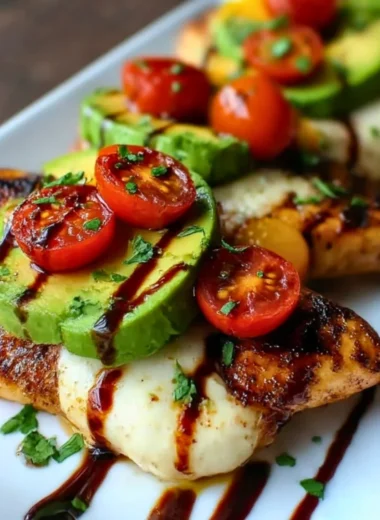Juicy grilled avocado chicken on a plate garnished with fresh herbs
