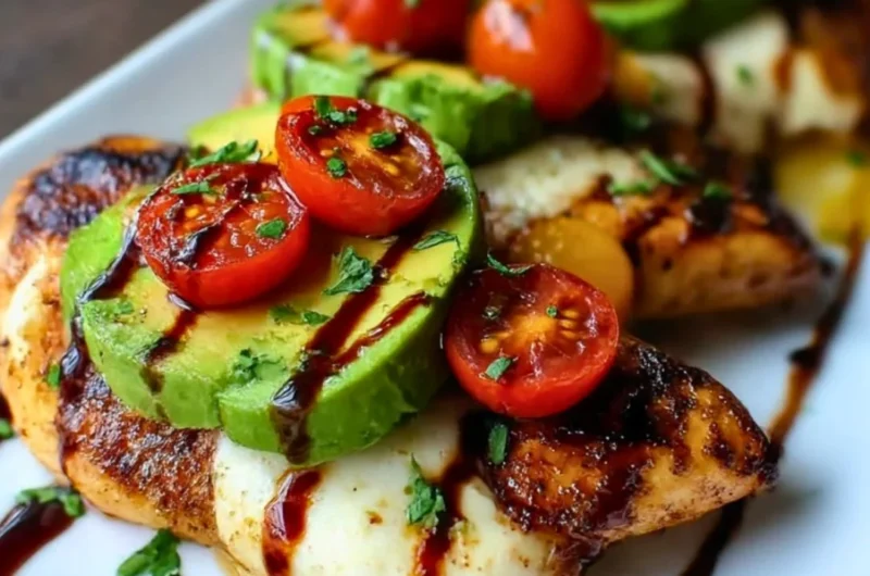 Juicy grilled avocado chicken on a plate garnished with fresh herbs