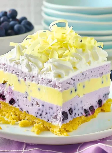 Lemon blueberry lasagna layered dessert with creamy filling and fresh fruit