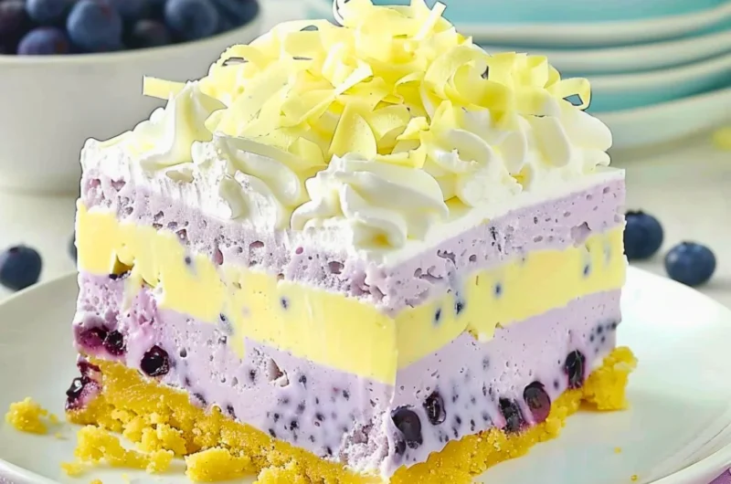Lemon blueberry lasagna layered dessert with creamy filling and fresh fruit