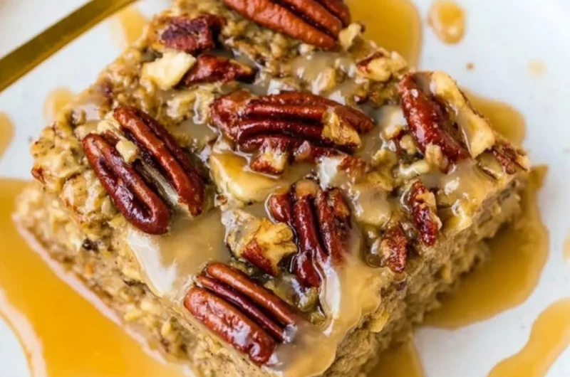 Delicious Maple Pecan Baked Oatmeal served in a bowl with toppings