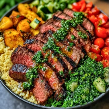 Mediterranean steak bowl with fresh vegetables and herbs.