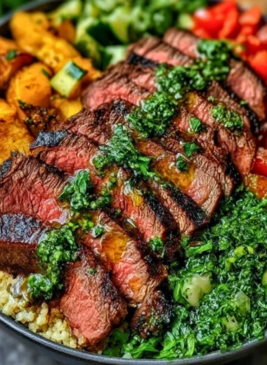 Mediterranean steak bowl with fresh vegetables and herbs.