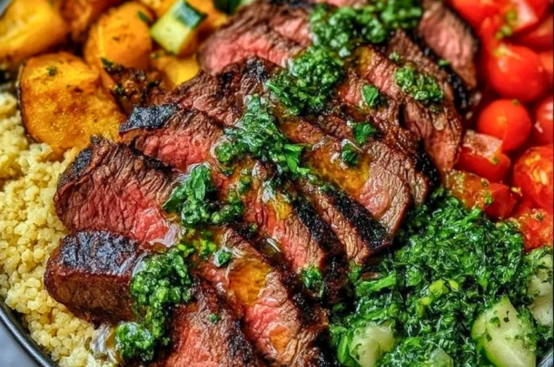Mediterranean steak bowl with fresh vegetables and herbs.