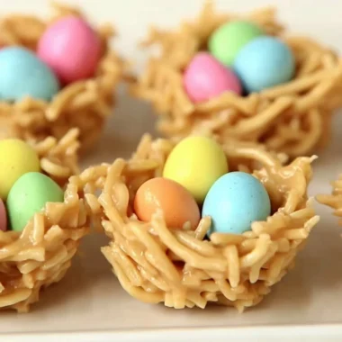No-Bake Easter Egg Peanut Butter Haystacks with chocolate and peanut butter