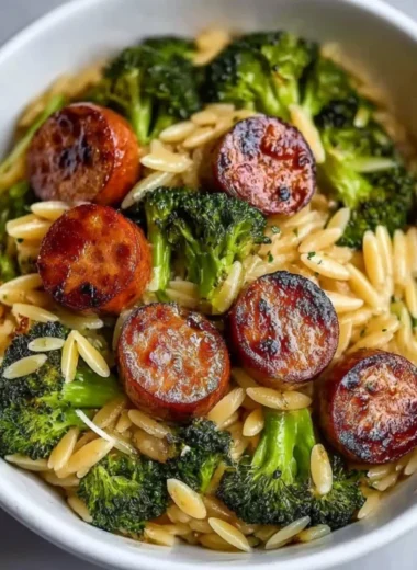 One-Pan Chicken Sausage and Orzo recipe with vibrant ingredients