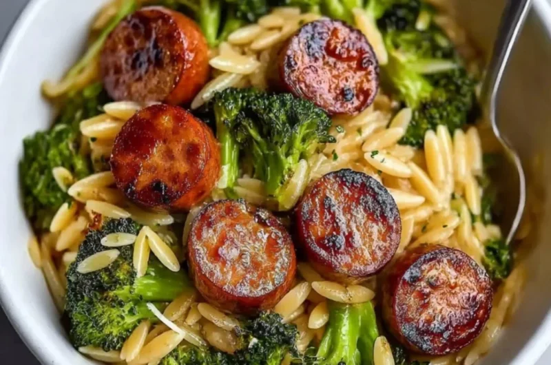 One-Pan Chicken Sausage and Orzo recipe with vibrant ingredients