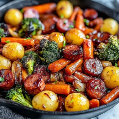 One-Pan Honey Garlic Kielbasa with colorful veggies on a serving platter