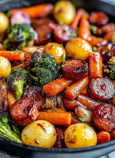 One-Pan Honey Garlic Kielbasa with colorful veggies on a serving platter