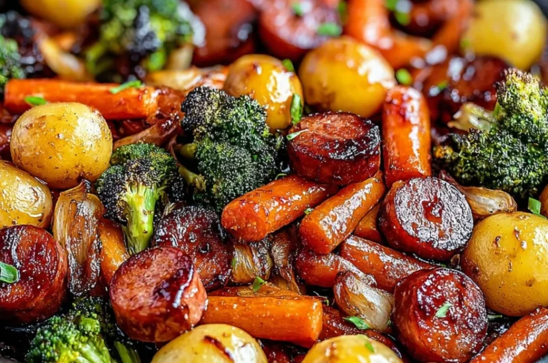 One-Pan Honey Garlic Kielbasa with colorful veggies on a serving platter