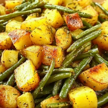 Oven-roasted potatoes and green beans served together on a plate.