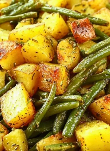 Oven-roasted potatoes and green beans served together on a plate.