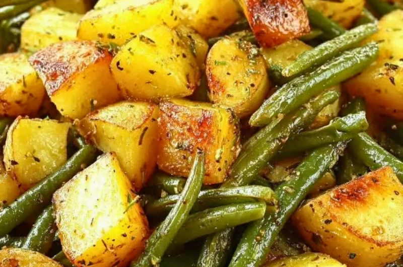Oven-roasted potatoes and green beans served together on a plate.