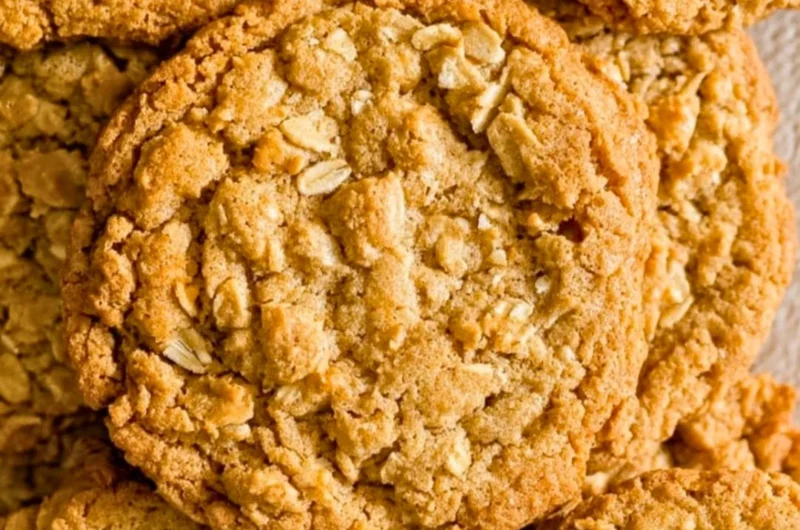 Freshly baked peanut butter oatmeal cookies on a cooling rack.