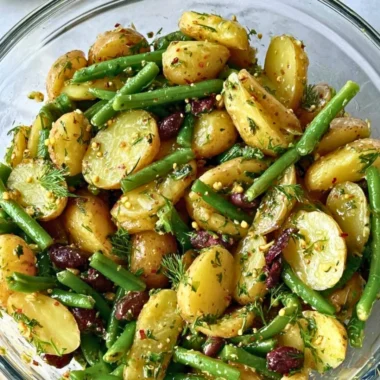 Delicious potato salad with green beans, Kalamata olives, and capers served in a bowl.