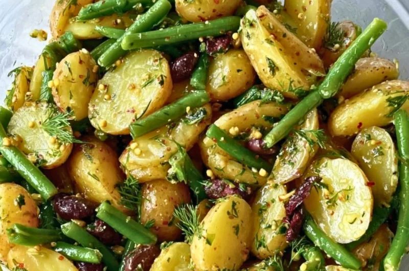 Delicious potato salad with green beans, Kalamata olives, and capers served in a bowl.