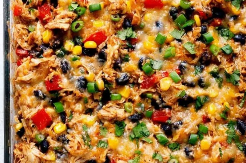Delicious protein burrito casserole served in a baking dish
