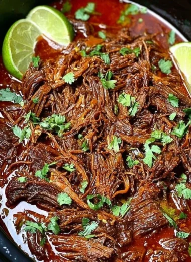 Delicious Crockpot Barbacoa Beef served in a taco