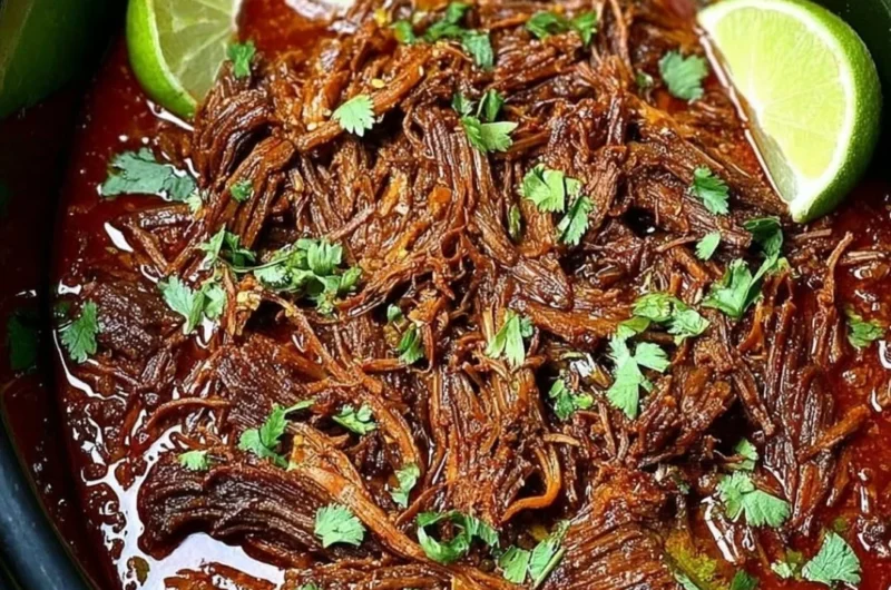 Delicious Crockpot Barbacoa Beef served in a taco