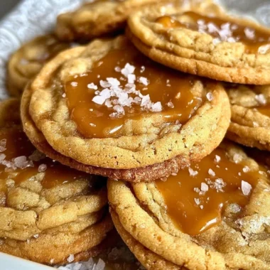 Freshly baked salted caramel cookies on a cooling rack