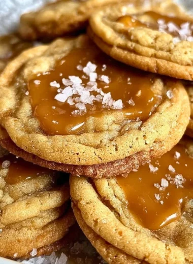 Freshly baked salted caramel cookies on a cooling rack