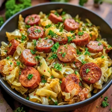 Sausage and cabbage stir fry in a skillet with colorful vegetables