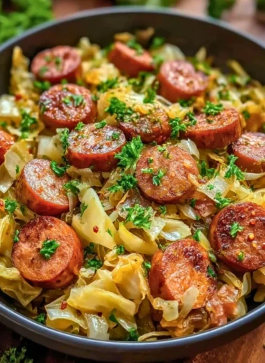 Sausage and cabbage stir fry in a skillet with colorful vegetables
