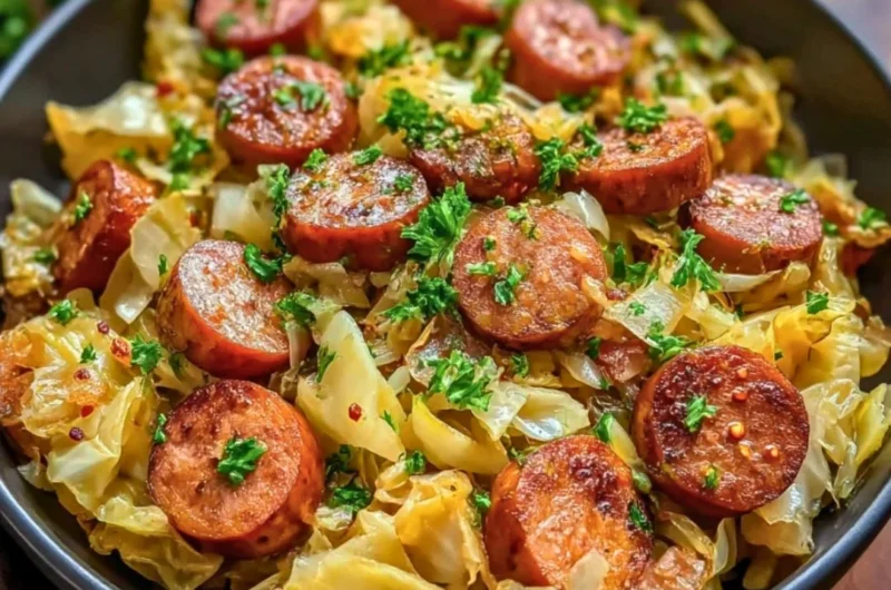 Sausage and cabbage stir fry in a skillet with colorful vegetables