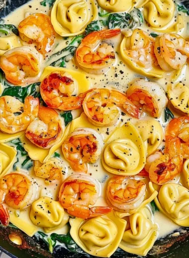 Shrimp tortellini in garlic sauce garnished with parsley on a plate