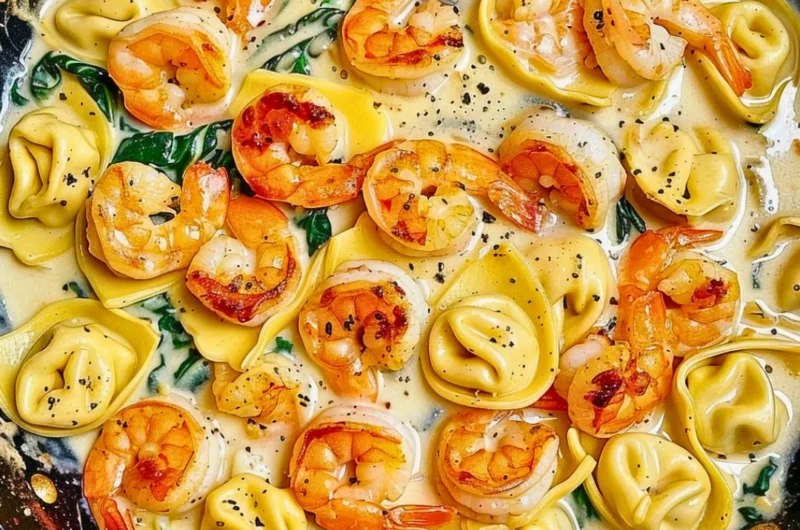 Shrimp tortellini in garlic sauce garnished with parsley on a plate