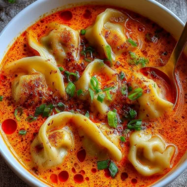 Bowl of simple coconut curry soup with dumplings, garnished with herbs.