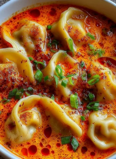 Bowl of simple coconut curry soup with dumplings, garnished with herbs.