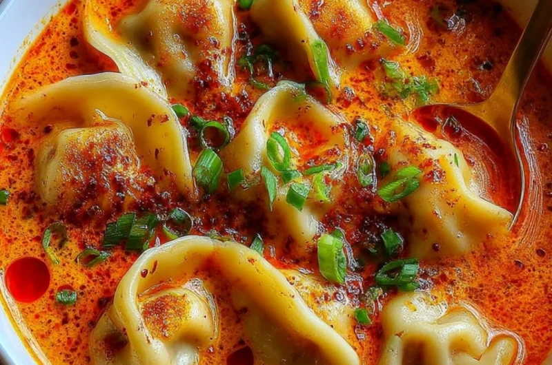 Bowl of simple coconut curry soup with dumplings, garnished with herbs.