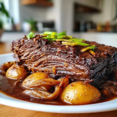 Slow cooked beef brisket served on a cutting board with herbs and spices