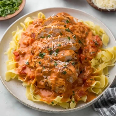 Slow cooker creamy tomato basil chicken breast served with fresh basil garnish.
