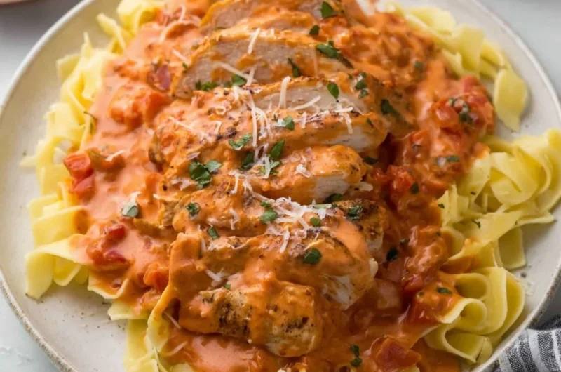 Slow cooker creamy tomato basil chicken breast served with fresh basil garnish.